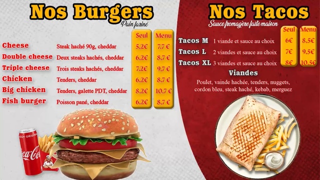 Menu board burgers et tacos de la pizzeria Toscana