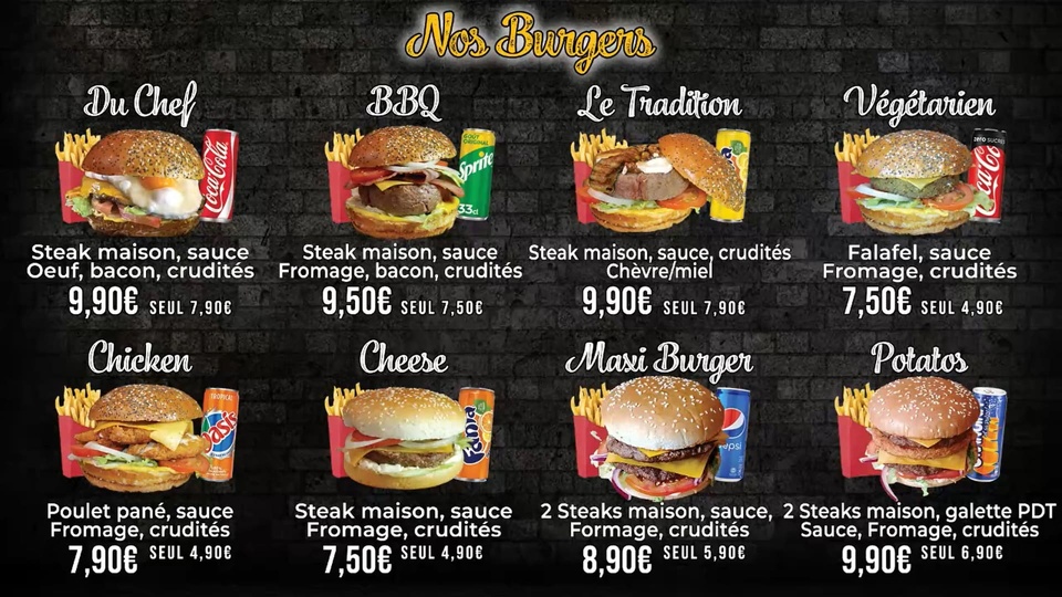 Menu board des burgers du fast-food JustOne