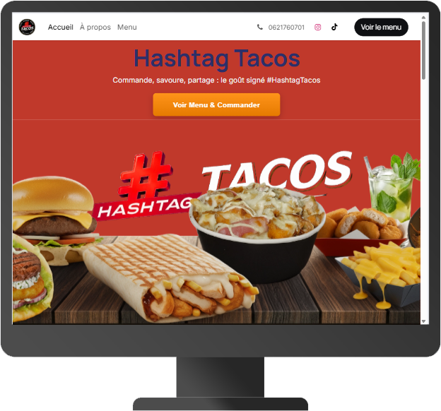 Site de commande en ligne de Hashtag Tacos, affiché sur un écran d'ordinateur